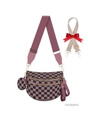 Nylon Checkered Crossbody Bag Expandable Bum Bag with Extra Strap